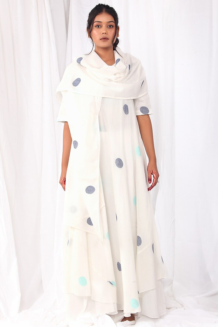 Bright White Printed Dress With Scarf by KHAT