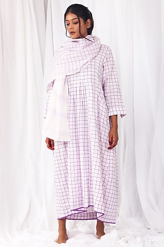 White & Navy Blue Printed Dress With Scarf by KHAT
