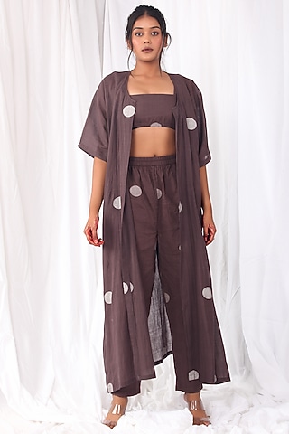 Brown Handwoven Cotton Jacket Set by KHAT