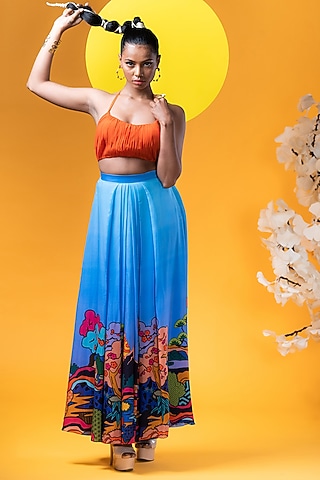 Blue Crepe Pleated Skirt Set by KHB- Khushboo Haran Borkar