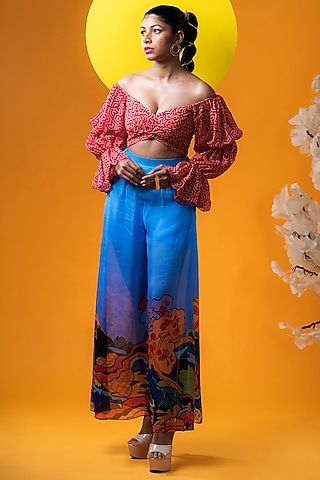 Blue Organza Digital Printed Pant Set by KHB- Khushboo Haran Borkar