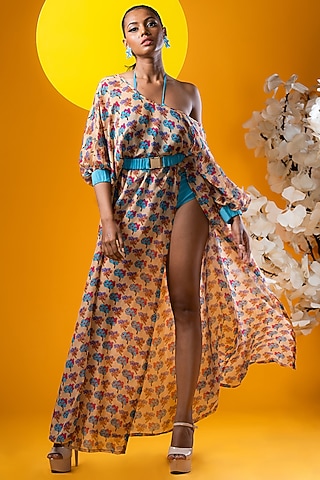 Beige Organza Printed Kaftan Dress by KHB- Khushboo Haran Borkar