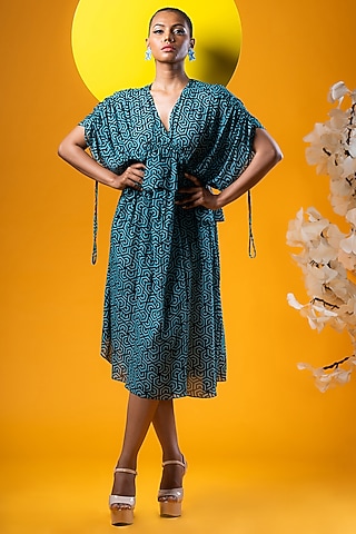 Black & Cyan Crepe Printed Midi Dress by KHB- Khushboo Haran Borkar