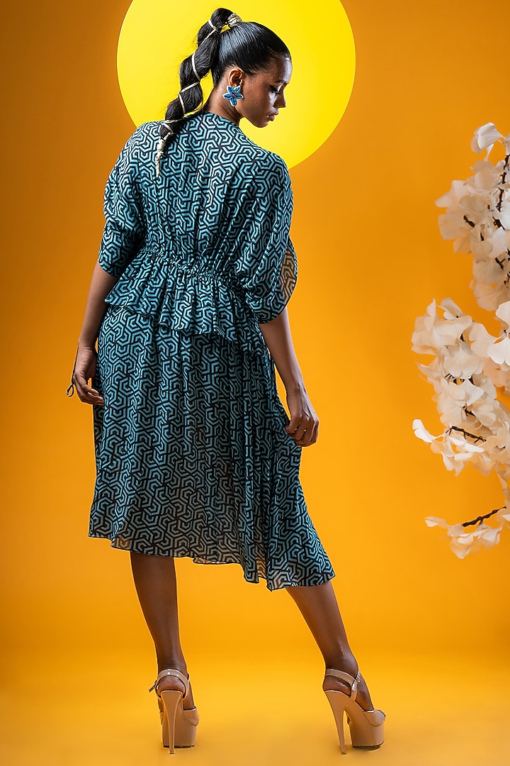 Black & Cyan Crepe Printed Midi Summer Dress by KHB- Khushboo Haran Borkar at Pernia's Pop Up Shop