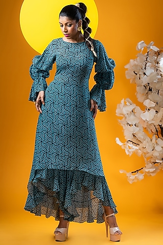Cyan & Black Crepe Printed Tunic Set by KHB- Khushboo Haran Borkar