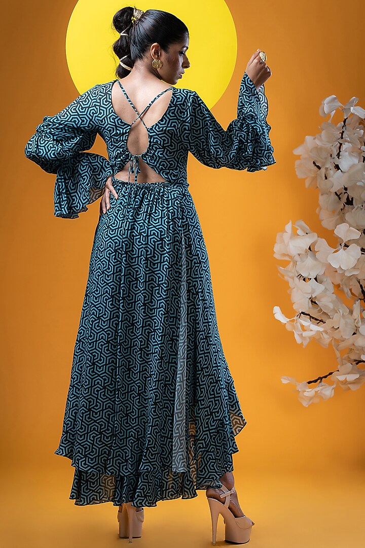 Cyan & Black Crepe Printed Tunic Set by KHB- Khushboo Haran Borkar at Pernia's Pop Up Shop