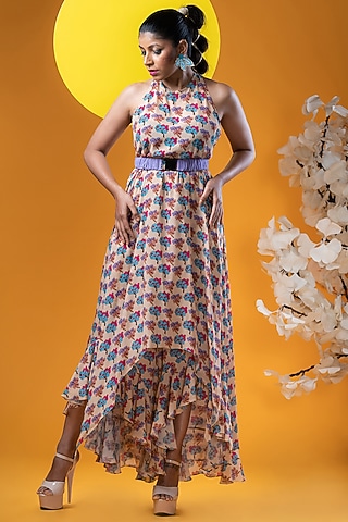 Beige Crepe Printed Tunic Set by KHB- Khushboo Haran Borkar