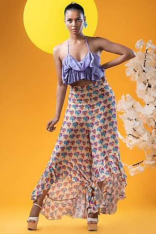 Beige Crepe Printed Layered Pant Set by KHB- Khushboo Haran Borkar