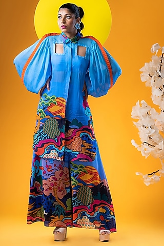 Blue Organza Printed Tunic Set by KHB- Khushboo Haran Borkar