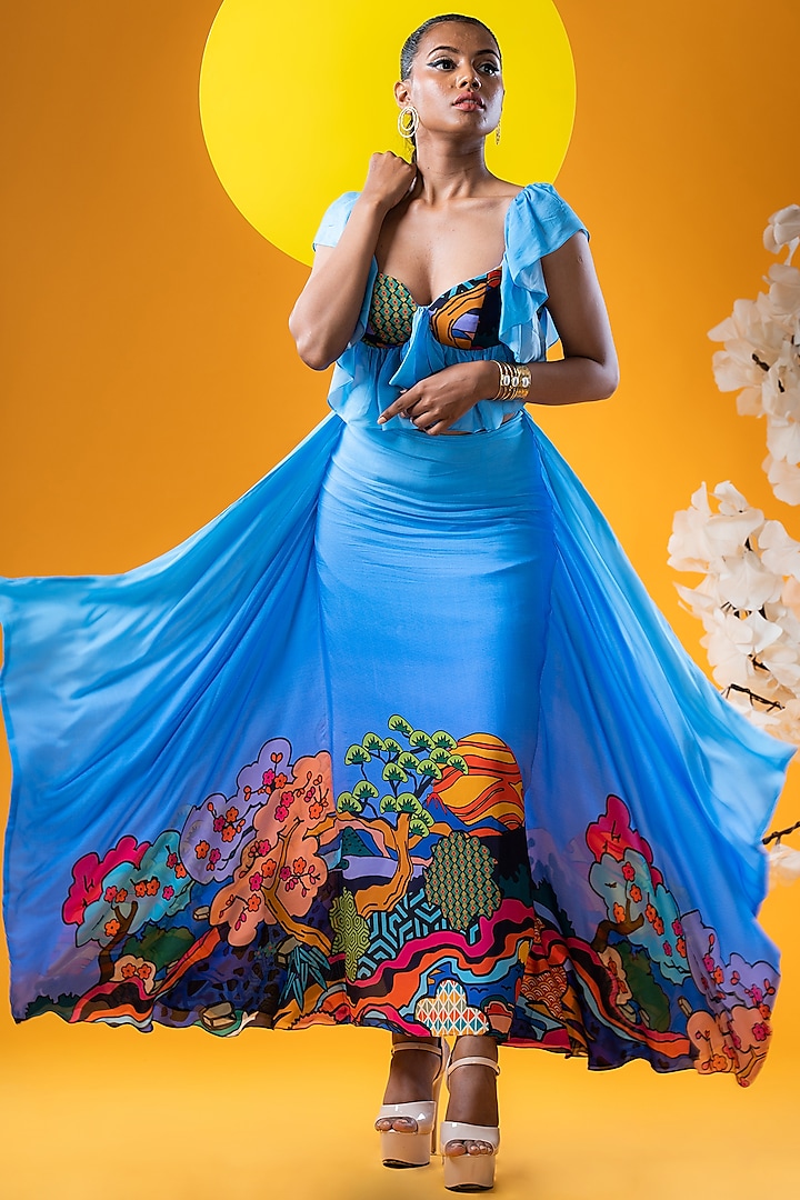 Blue Crepe Digital Printed Skirt Set by KHB- Khushboo Haran Borkar