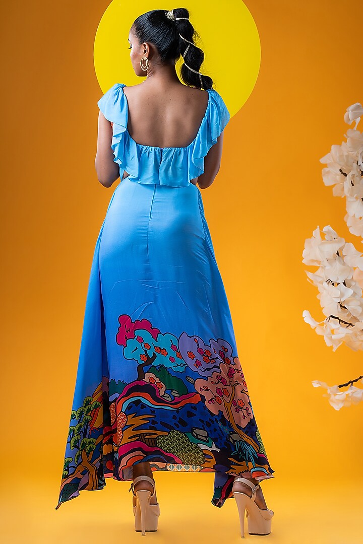 Blue Crepe Digital Printed Skirt Set by KHB- Khushboo Haran Borkar at Pernia's Pop Up Shop