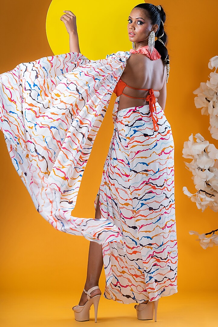 White Crepe Pre-Stitched Party Wear Gown Saree Set by KHB- Khushboo Haran Borkar at Pernia's Pop Up Shop
