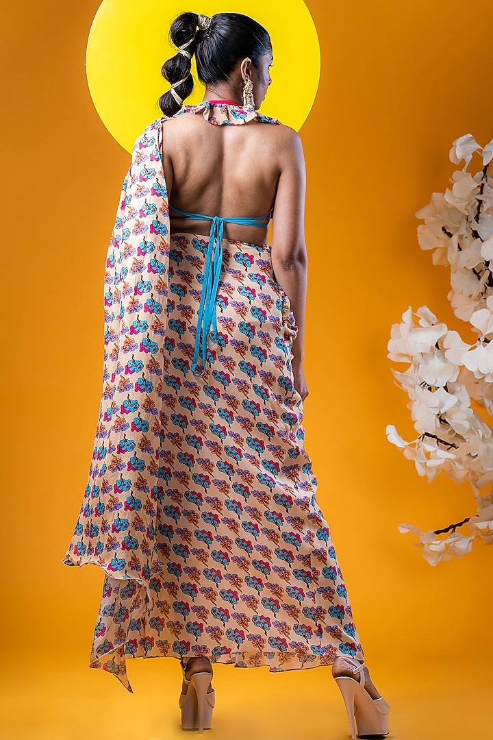 Beige Crepe Digital Printed Pre-Stitched Party Wear Gown Saree Set by KHB- Khushboo Haran Borkar at Pernia's Pop Up Shop