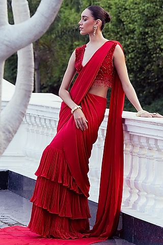 Red velvet Shimmer/satin women saree shape wear at Rs 899.00