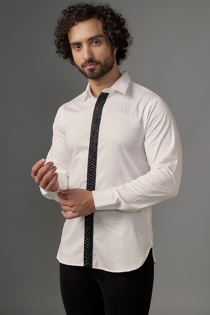 White Imported Cotton Cutdana Work Shirt by KHUSHBOO CHUGH MEN