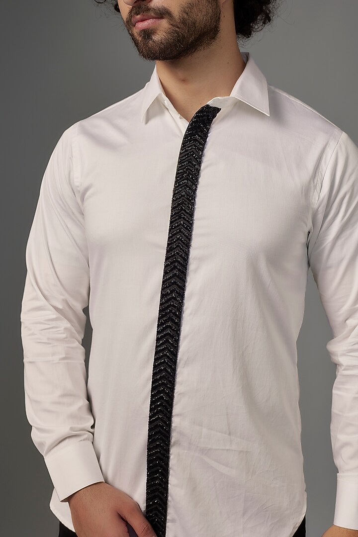 White Imported Cotton Cutdana Work Party Wear Shirt by KHUSHBOO CHUGH MEN at Pernia's Pop Up Shop