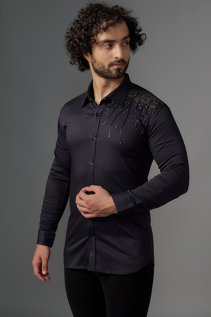 Black Imported Cotton Cutdana Work Shirt by KHUSHBOO CHUGH MEN at Pernia's Pop Up Shop