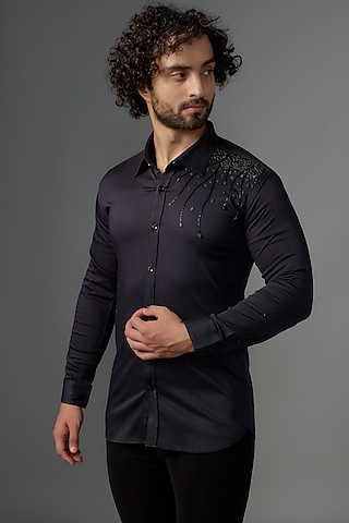 Black Imported Cotton Cutdana Work Shirt by KHUSHBOO CHUGH MEN