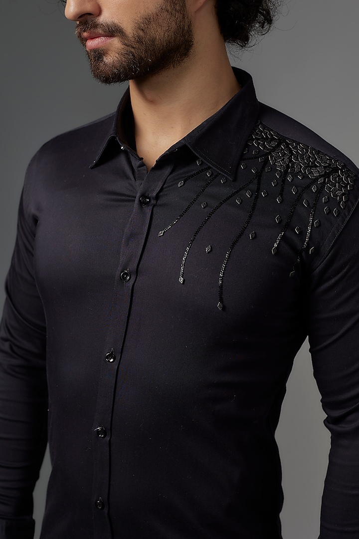 Black Imported Cotton Cutdana Work Party Wear Shirt by KHUSHBOO CHUGH MEN at Pernia's Pop Up Shop