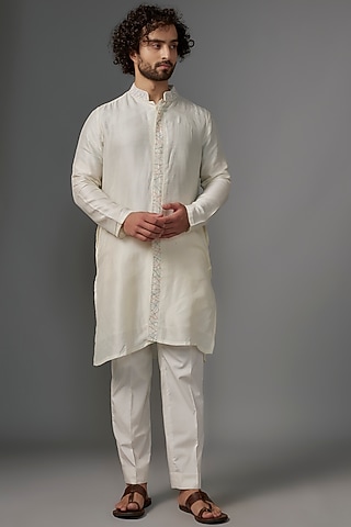 White Slub Silk Resham & Bead Work Kurta by KHUSHBOO CHUGH MEN