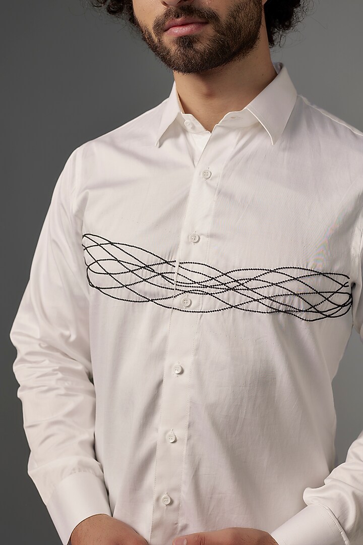 White Imported Cotton Cutdana Work Party Wear Shirt by KHUSHBOO CHUGH MEN at Pernia's Pop Up Shop