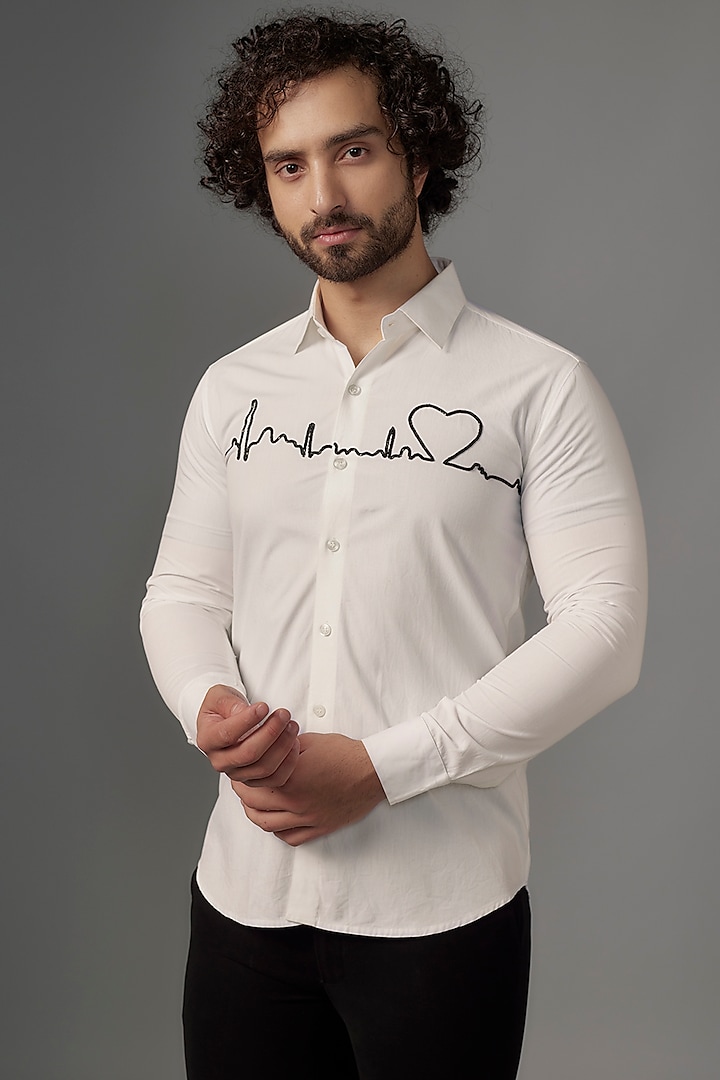 White Imported Cotton Cutdana Work Shirt by KHUSHBOO CHUGH MEN