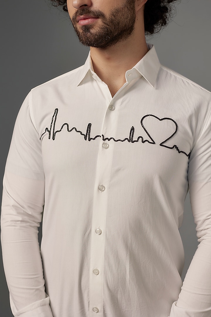 White Imported Cotton Cutdana Work Party Wear Shirt by KHUSHBOO CHUGH MEN at Pernia's Pop Up Shop