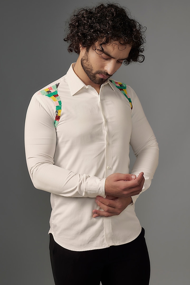 White Imported Cotton Bead & Cutdana Work Shirt by KHUSHBOO CHUGH MEN