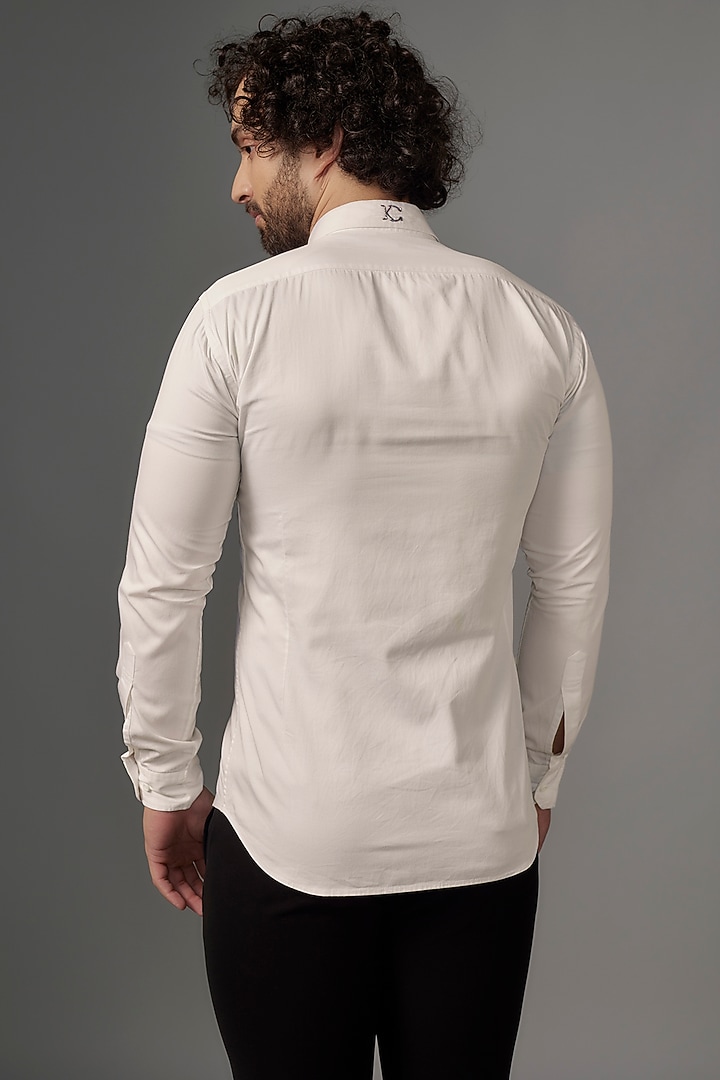 White Imported Cotton Bead & Cutdana Work Party Wear Shirt by KHUSHBOO CHUGH MEN at Pernia's Pop Up Shop