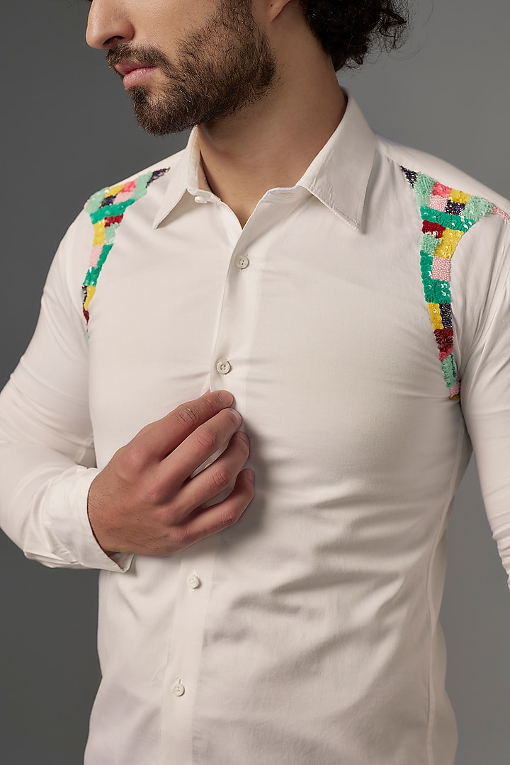 White Imported Cotton Bead & Cutdana Work Party Wear Shirt by KHUSHBOO CHUGH MEN at Pernia's Pop Up Shop