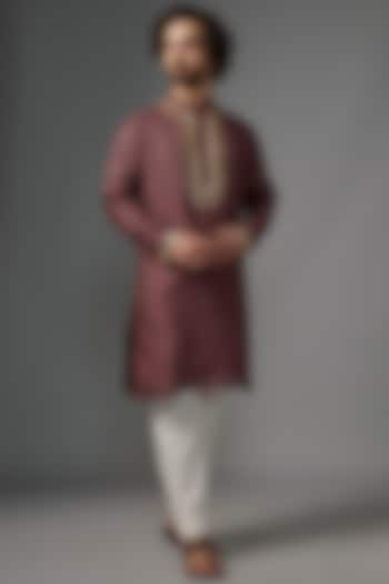 Maroon Slub Silk Cutdana Work Kurta by KHUSHBOO CHUGH MEN