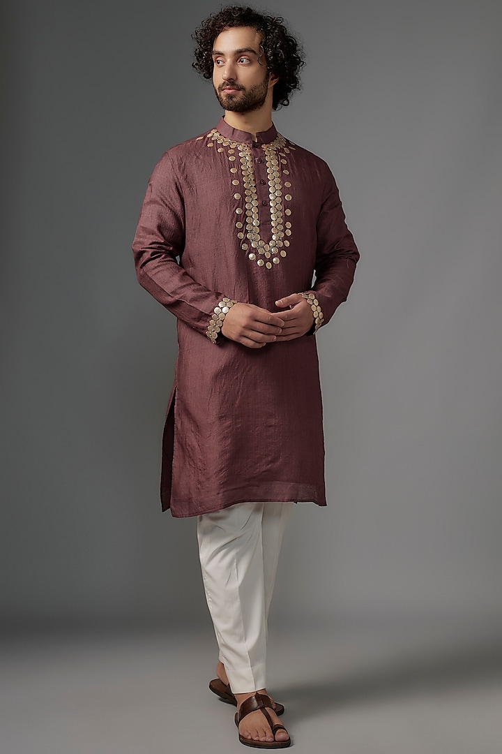 Maroon Slub Silk Cutdana Work Kurta by KHUSHBOO CHUGH MEN