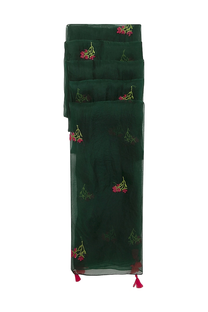 Bottle Green Embroidered Dupatta by Khes