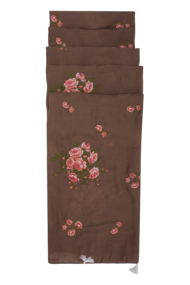 Brown Tea Roses Embroidered Scarf by Khes