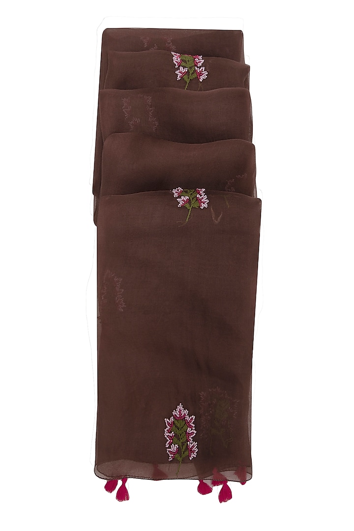 Brown Orchid Embroidered Dupatta by Khes
