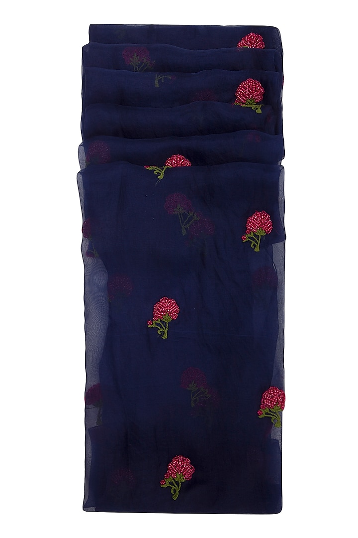 Navy Blue Peony Embroidered Dupatta by Khes