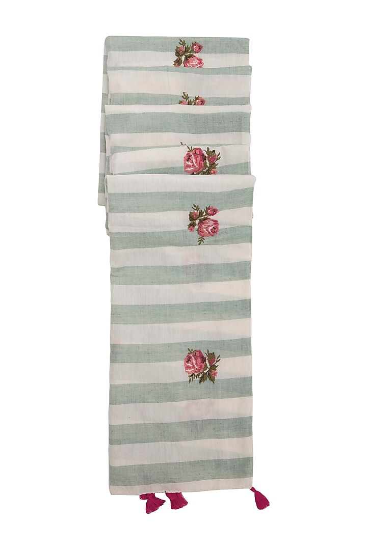 Green & White Striped Embroidered Scarf by Khes