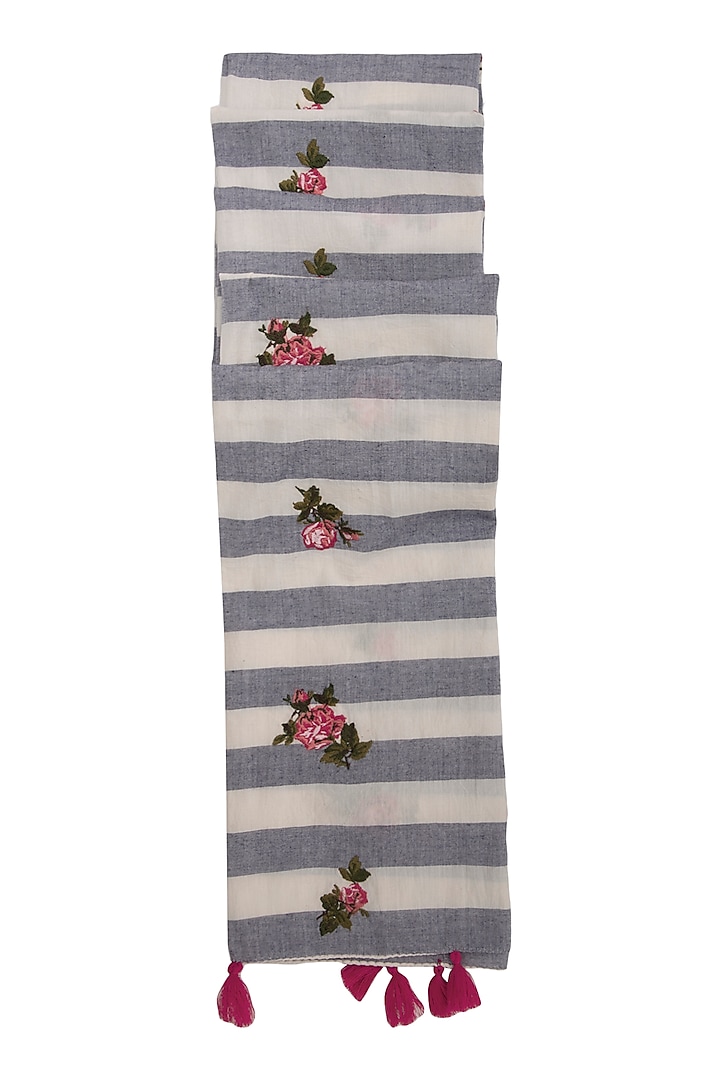Blue & White Striped Embroiderd Scarf by Khes