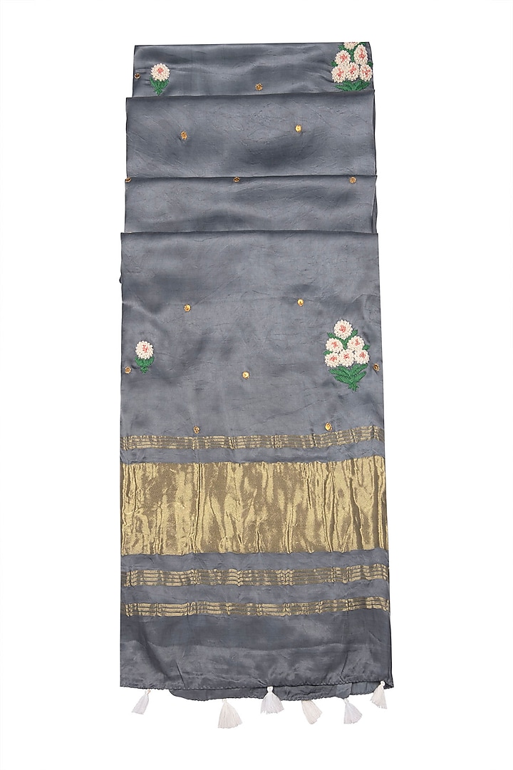 Grey Hand Embroidered Dupatta by Khes