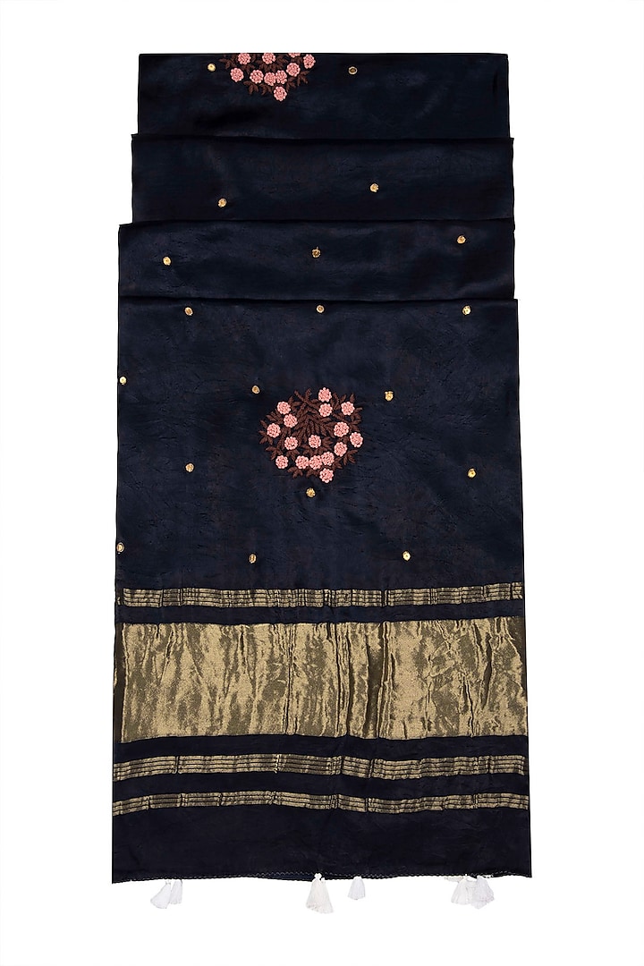 Carbon Blue Hand Embroidered Dupatta by Khes