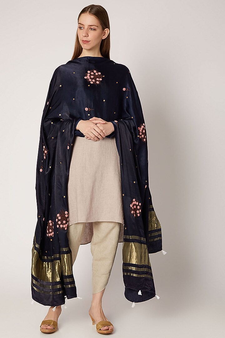 Carbon Blue Hand Embroidered Dupatta by Khes at Pernia's Pop Up Shop