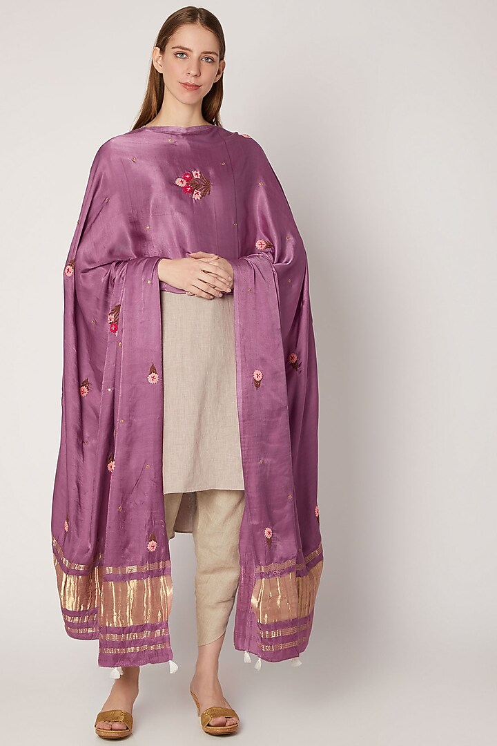 Magenta Hand Dyed & Embroidered Dupatta by Khes at Pernia's Pop Up Shop