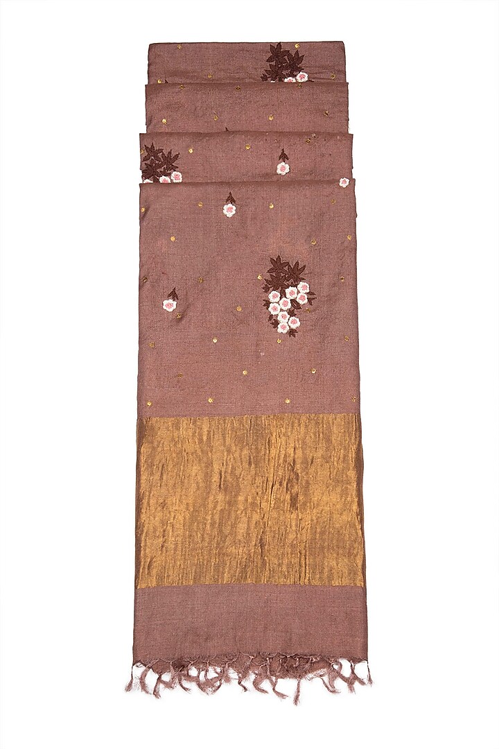 Brown Hand Dyed & Embroidered Dupatta by Khes