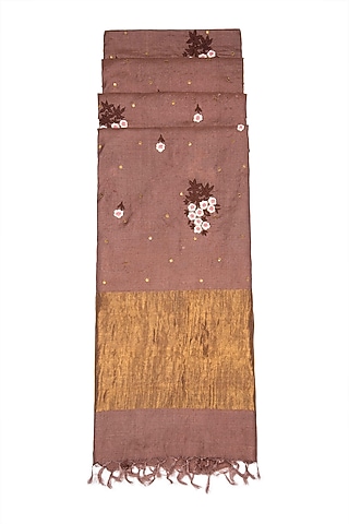Brown Hand Dyed & Embroidered Dupatta by Khes