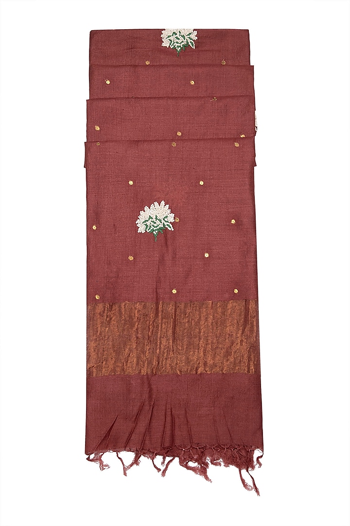 Maroon Embroidered Silk Dupatta by Khes