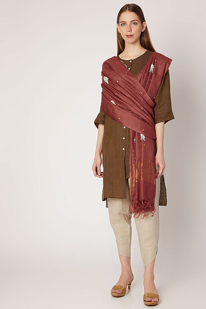 Maroon Embroidered Silk Dupatta by Khes at Pernia's Pop Up Shop