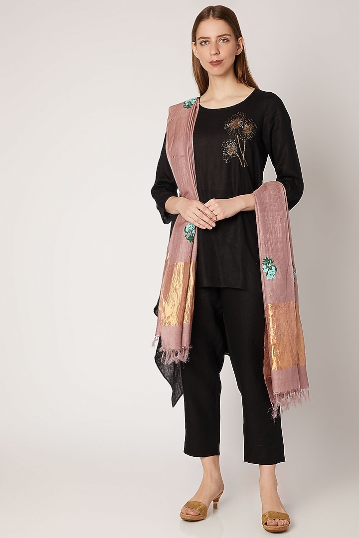 Soft Pink Embroidered Silk Dupatta by Khes at Pernia's Pop Up Shop