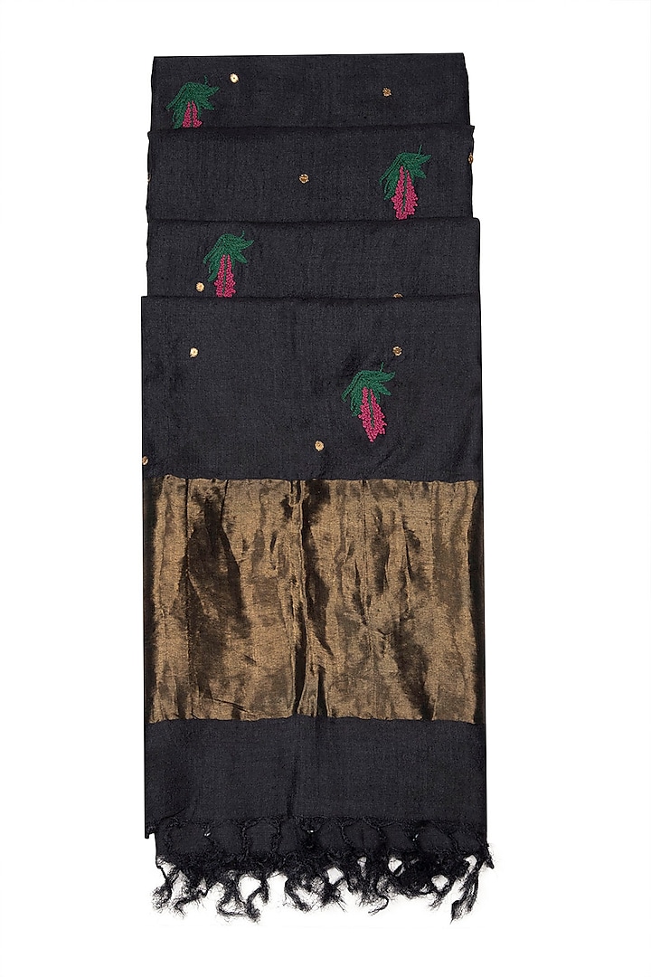 Black Embroidered Silk Dupatta by Khes