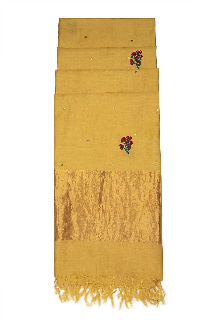 Yellow Embroidered Silk Dupatta by Khes