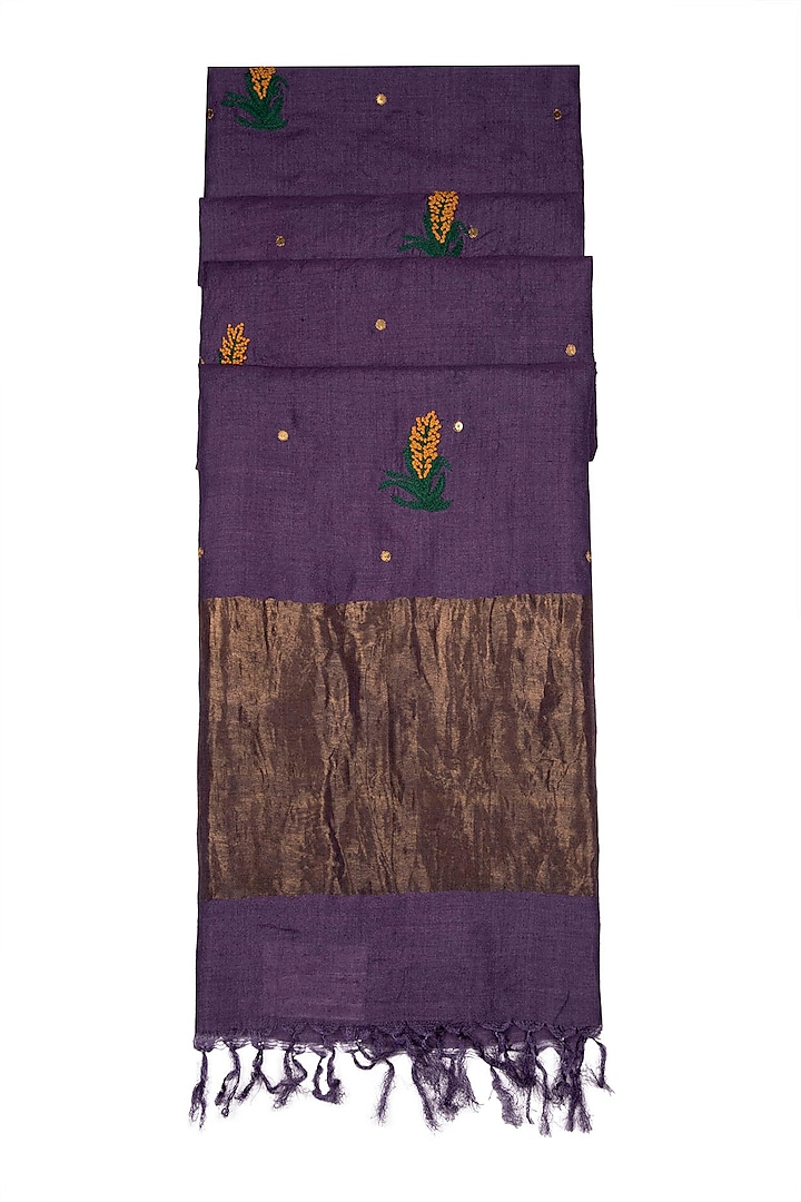 Purple Embroidered Silk Dupatta by Khes